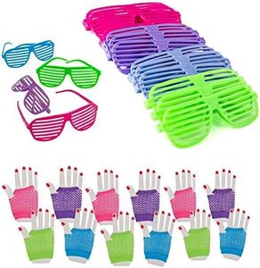 Dozen 80's Rock Star Fishnet Gloves With Neon Shutter Glasses