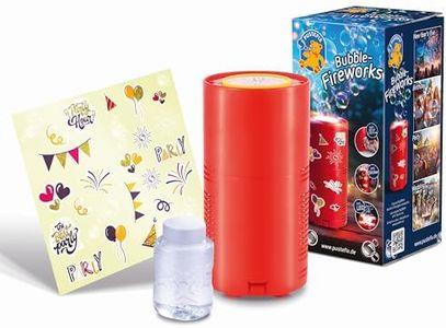 PUSTEFIX Elektrische Seifenblasenmaschine Feuerwerk & 80ml Flüssigkeit - Mit LED-Licht, Seifenblasen Kinder-Set Indoor/Outdoor für Geburtstag, Silvester & Hochzeit