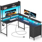 Seventable Computer Desk L Shaped with LED Lights & Power Outlet, 55" Reversible Gaming Desk with 3 Drawers & Storage Hutch, Home Office Desk with Monitor Stand, Corner Desk with Hook, Black