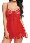 GROFL Women's Lace Nightwear Babydoll Lingerie Mini Nightie with Panty (Black, X-Large) (Red, Free Size)