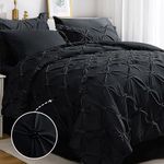 JOLLYVOGUE Queen Comforter Set - Pintuck Black 7 Piece Bed in a Bag Comforter Queen - Bedding Set with Comforter, Sheets, Ruffled Shams & Pillowcases for Bedroom