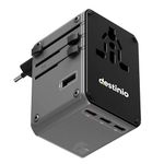 Destinio Universal Travel Adapter - 6-in-1 Fast Charging International Charger with PD, Type C & 3 USB Ports - All-in-One for US, UK, Europe (45W- Type C- (6 in 1) - Gray)
