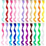 22 PCS Rainbow Colored Hair Extensions Clip In for Girls 22 Inch Colorful Curly Wavy Hair Extensions for Party Highlights Hair Accessories Hair Pieces for Women