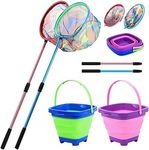 Kids Fishing Net, 2 Pack Telescopic Landing Nets with Aluminum Pole Handle, Collapsible Kids Bucket Sand Pail, Butterfly Net for Kids, Fishing Net for Kids Youth, Outdoor Playing (Pink and Blue)