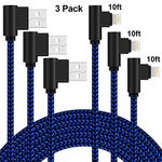 90 Degree Lightning Cable 10ft Right Angle iPhone Charging Cable 10 Feet 3 Pack Nylon Braided Charger Cord Compatible with iPhone Xs/XR/8/8 Plus/7/7 Plus/6/6 Plus (Blue Black, 10 Feet)