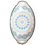 Nestasia Blue & Yellow Diamond Ceramic Long Dish with Handles for Serving Snacks, Appetizers, Salads, and Noodles| Microwave Safe, Dishwasher Safe (10.8 Inch)