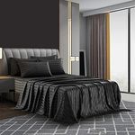 AiMay 6 Piece Satin Italian Style Bed Sheet Set Deep Pocket Stripes 1800 Luxury Rich Silk 1 Flat Sheet 1 Fitted Sheet 4 Envelope Pillowcases Stain-Resistant Wrinkle Free (King,Black)