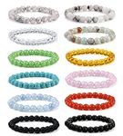 FIBO STEEL 12Pcs Gemstone Beaded Bracelet Set For Women Men Healing Crystal Stretch Energy Natural Stone Bead Bracelets Jewelry 6MM 8MM, Stainless Steel, Cubic Zirconia