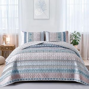 WONGS BEDDING Boho Quilt Set California King Size, Light Blue Bohemian 3 Pieces Quilt Sets, Lightweight Summer Bedspread Coverlet Bedding Set for All Season (106''x96'')