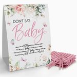 Don't Say Baby Clothespin Games Sign (1 Sign + 50 Mini Clothespins), Gold Pink Roses Baby Shower Games, It's a Girl, Baby Shower Decoration