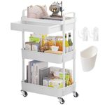 Beauty Trolley on Wheels 3 Tier Storage Trolley with Drawer Plastic Beauty Trolley Rolling Utility Cart for Home Kitchen Bathroom Laundry Office White