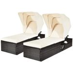 DORTALA Patio Chaise Lounge, Set of 2 Outdoor Wicker Lounge Chair with Folding Canopy, Cushion, Flip-up Tea Table, Rattan Reclining Chair for Poolside Backyard Garden, White