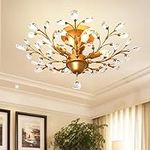 Ganeed Vintage K9 Clear Crystal Chandeliers,Ceiling Lighting,Pendant Lighting Flush Mounted Fixture with 4 Light for Living Room Dinning Room Restaurant Porch Hallway (Gold)