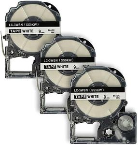 vhbw 3x cassette à bande cartouche 9mm noir sur blanc pour imprimante d´étiquette Epson LabelWorks LW-1000P, LW-600P remplace LC-3WBN, SS9KW.
