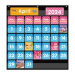 REGELETO Large 44 Pockets Calendar Pocket Chart for Classroom with 85 Cards, Monthly Calendar and Weather Black Pocket Chart for Kids Learning for Home or Kindergarten (25” X 24”)