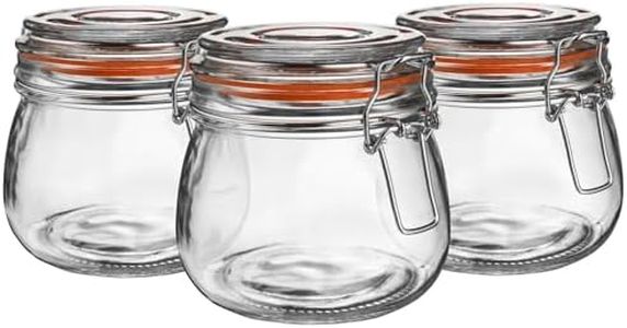 Argon Tableware Glass Jars with Airtight Metal Clip Lid - 500ml/17.6oz - 3 Pack - 4 Colour Seals - Medium Kitchen Storage Container Round Preserving Jar for Pickling, Chutney, Jam, Coffee