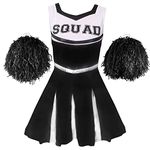 Childs Cheerleader Fancy Dress Costume - Girls Cheerleader Costume for Kids with Pom Poms - Black Cheer Uniform (4-6 Years)