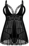 Donnalla Women's Sexy Plus Size Lingerie - Split Cup Lace Babydoll Sleepwear Chemise Set (Solid Black, XXL)