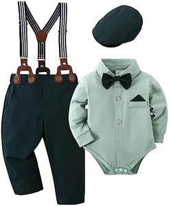 Amissz Tenue Bébé Garçon pour Bébés Costume Bapteme, Vêtement Mariage Bebe Chemise + Bretelle + Chapeau Gentleman Ensemble Vert 0-3 Mois