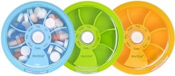 3PCS Pill Box 7 Day Travel Medicine Organizer Portable Pill Container Rotating Weekly Pill Organizer Round Cute Pill Case Fish Oil Vitamins Holder (Green+Sky Blue+Orange)