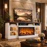 Breezestival 70" Fireplace TV Stand, Farmhouse TV Stand for TVs up to 80” with LED Lights, Media Entertainment Center with Glass Door for Living Room, White