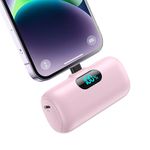 Feob 5000mAh Mini Power Bank for iPhone, Upgraded 15W PD Fast Charging Portable Charger, LCD Display 3.0A Small Battery Pack Compatible with iPhone 14/14 Pro Max/13/13 Pro Max/12/11/XR/X -Light Pink