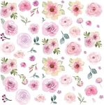 AOWDIAO 60 Pcs Flower Peel and Stick Wall Decals Watercolor Vinyl Peony Floral and Leaves Wall Stickers Pastel Flower Decor for Girls Bedroom Nursery Classroom Living Room