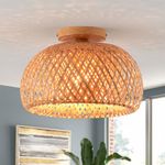 IHENGYANLT Bamboo Ceiling Light Fixtures, Hand-Woven Boho Flush Mount Ceiling Light, Handmade Ceiling Mount with Natural Bamboo Shade, Farmhouse Light Fixture