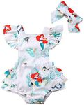 Baby Girls Rompers, Mermaid Sea World Pattern Flower Edge Bodysuit with Hairband Outfits Clothes（white，12-18M