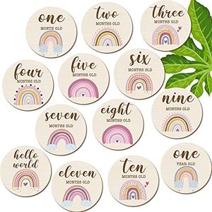 13 Pieces Baby Monthly Milestone Wooden Baby Milestone Cards Boho Rainbow Double Sided Printed Milestone Discs Wood Gift Photo Prop Discs Sets Birth Announcement Sign for Baby Shower Newborn