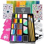 Bowitzki Face Paint Kit Professional Face Painting Set For Kids Adults 12 x 10gm Stencil One Stroke Split Cake Palette Non Toxic Rainbow Cakes Flora Unicorn Body Makeup Halloween Christmas Easter