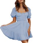 MIYIEONZ Women's Square Neck Short Puff Sleeve Dresses Ruffle Elastic Waist Summer Casual Flowy Cute Sundress Mini Dress, Blue, X-Large