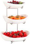 MEIGLQEA 3 Tier Fruit Basket for Kitchen Counter, Silver/ White Ceramic Fruit Bowl for Countertop, Home Fruit Rack with Holder, Vegetable Bowl Snacks Nuts Bread Candy Storage (White)