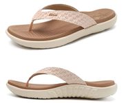 KuaiLu Flip Flops for Women Ladies Yoga Mat Comfortable Sport Walking Thong Sandal With Plantar Fasciitis Arch Support Slip-on Slides Indoor Outdoor For Summer Size 11 Beige White