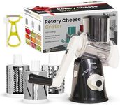 Rotary Cheese Grater Hand Crank Cheese Shredder with 3 Blades, Strong Suction Base, Peeler and Brush, Multifunction Graters, Salad Shooter, Vegetable Grater, Food Shredder (Black)