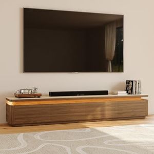 POVISON Fully Assembled 95" Mid-Century Modern TV Stand with LED Lights, Matte Travertine Stone Top Media Console for 85 Inch TV, Drop-Down Doors & Drawers, Open Storage for Living Room