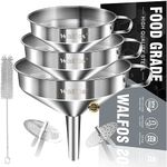 Walfos Stainless Steel Funnel Kitchen Set 3 Pack Funnels with 2 Removable Strainer Filter for Transferring of Liquid, Fluid, Cooking Oils, Jam, Dry Ingredients & Powder and 1 Pcs Cleaning Brush