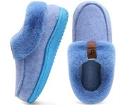 COFACE Women's Arch Support Memory Foam House Slippers Ladies Warm Fuzzy Faux Fur Collar Winter Moccasin Shoes with Orthopedic Plantar Fasciitis Indoor Outdoor Hard Rubber Sole Blue Size 5