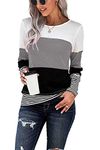 SMENG Autumn Long Sleeve T Shirt Women Long Sleeved Color Block Sports Tops Loose Crew Neck Jumpers Casual Striped Blouse Grey Size UK6-8