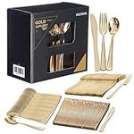 MATANA - 180 Elegant Gold Plastic Cutlery Set - 60 Knives, 60 Forks, 60 Spoons - Hand Washable, Reusable & Heavy Duty Tableware for Weddings, Birthday, Parties & Events