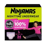 Ninjamas Pampers Nighttime Bedwetting Underwear Girls Size L (64-125 lbs) 34 Count (Packaging & Prints May Vary)