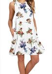 YMING Women's Flower Dress Round Neck Dress Summer Dress White-Multicolor Flower XS