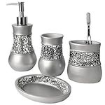 Creative Scents Brushed Nickel Bathroom Accessories Set, 4 Piece Bath Ensemble, Bath Set Collection Features Soap Dispenser Pump, Toothbrush Holder, Tumbler, Soap Dish- Silver Mosaic Glass