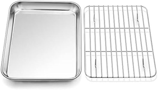 Toaster Oven Tray and Rack Set,P&P CHEF Stainless Steel Broiler Baking Pan with Cooling Rack, Rectangle 10.5''x8''x1'', Non Toxic & Dishwasher Safe