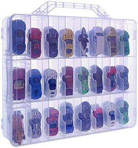 KISLANE Double Sided Toy Car Storage Case for 48 Hot Wheels, Matchbox Cars, Mini Toys, Small Dolls, Portable Transparent Storage Case for Hot Wheels, Matchbox Cars with 48 Compartments, Case Only