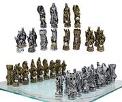 Ebros Gift Silver and Gold Painted Legend of King Arthur Pendagron Merlin Mordred Dragons and Magic Felted Base Resin Chess Pieces with 15" by 15" Frosted Glass Board Set Gaming Board Game Collection