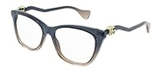 Gucci GG1012O 002 Eyeglasses Frame Women's Blue Full Rim Cat Eye 54mm, Blue/Gold Logo - 002, Lens-54 Bridge-16 B-41.9 ED-58.5 Temple-140