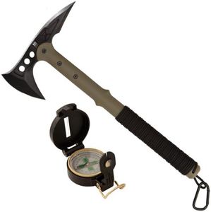 M48 Tactical Tomahawk Military Axe - Green/Black with Compass & Sheath | 3 ⅞” Cast Stainless Steel Axe | Piercing Spike | Nylon Cord Wrapped Fiberglass Handle | Camping and Tactical Gear | 15” Length