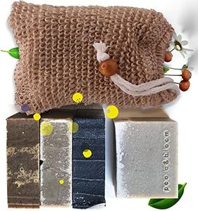 Barre di sapone per uomini, set di saponi organici - Set di barre naturali da 4 con sacchetto esfoliante in sisal, confezione di saponi crudi erboristici fatti a mano, sapone naturale esfoliante