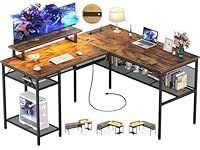 Cyclysio L Shaped Gaming Desk with LED Lights, 55'' Computer Desk with Power Outlet, Reversible Corner Desk with Open Storage Shelves, Office Desk with Monitor Stand, Home Office, Workstation, Rustic